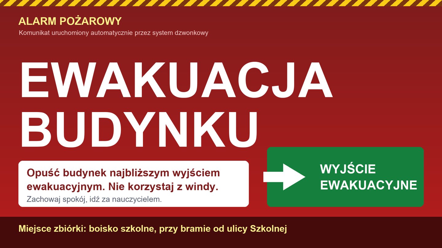 Ekran z komunikatem o ewakuacji budynku