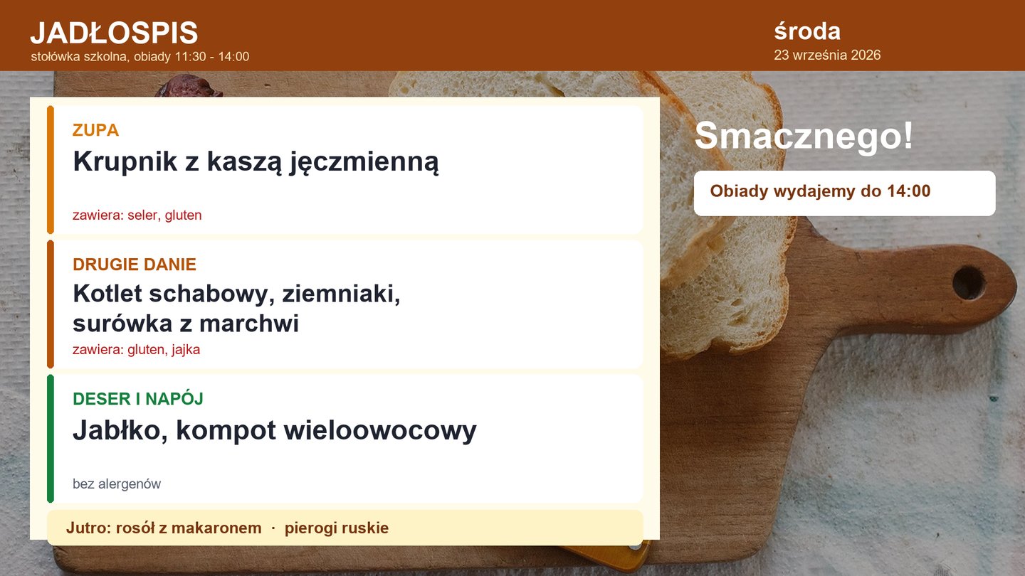 Ekran z jadłospisem na dziś