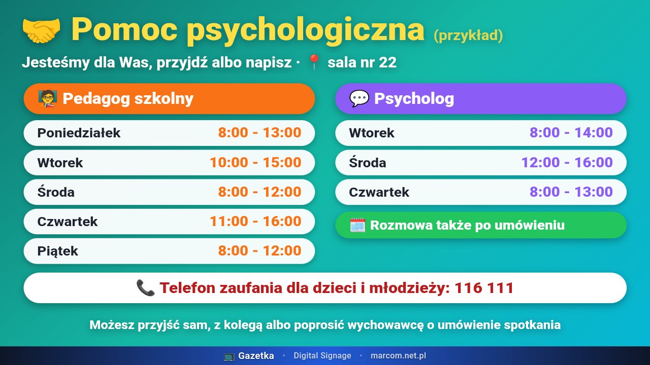 Slajd Pomoc psychologiczna: dyżury pedagoga i psychologa