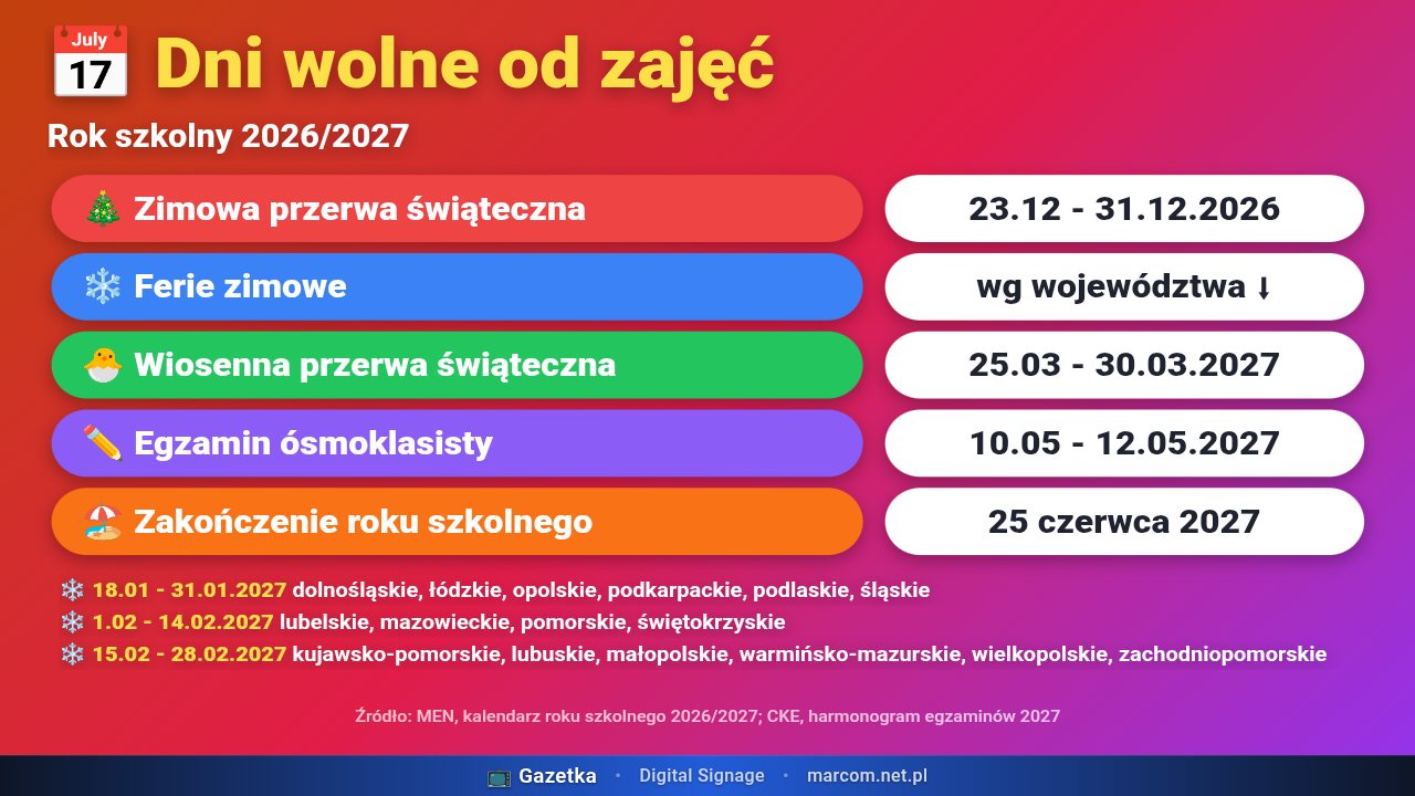Slajd Dni wolne od zajęć: przerwy, ferie i egzaminy w roku 2026/27