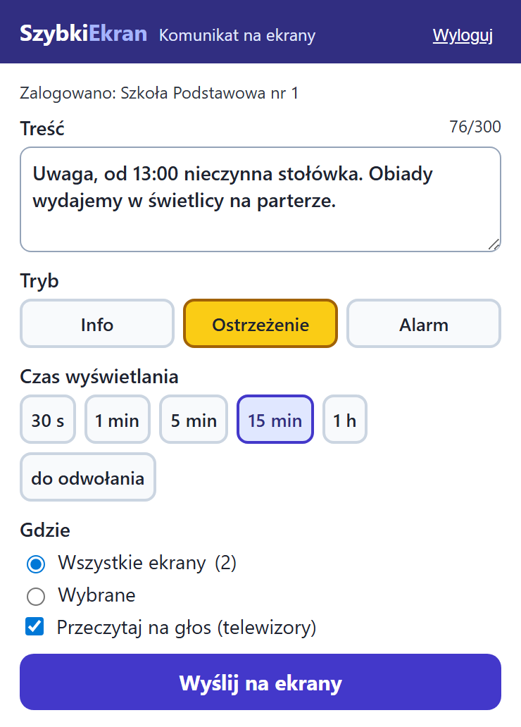 Okno wtyczki: treść, tryb, czas wyświetlania, wybór ekranów, czytanie na głos